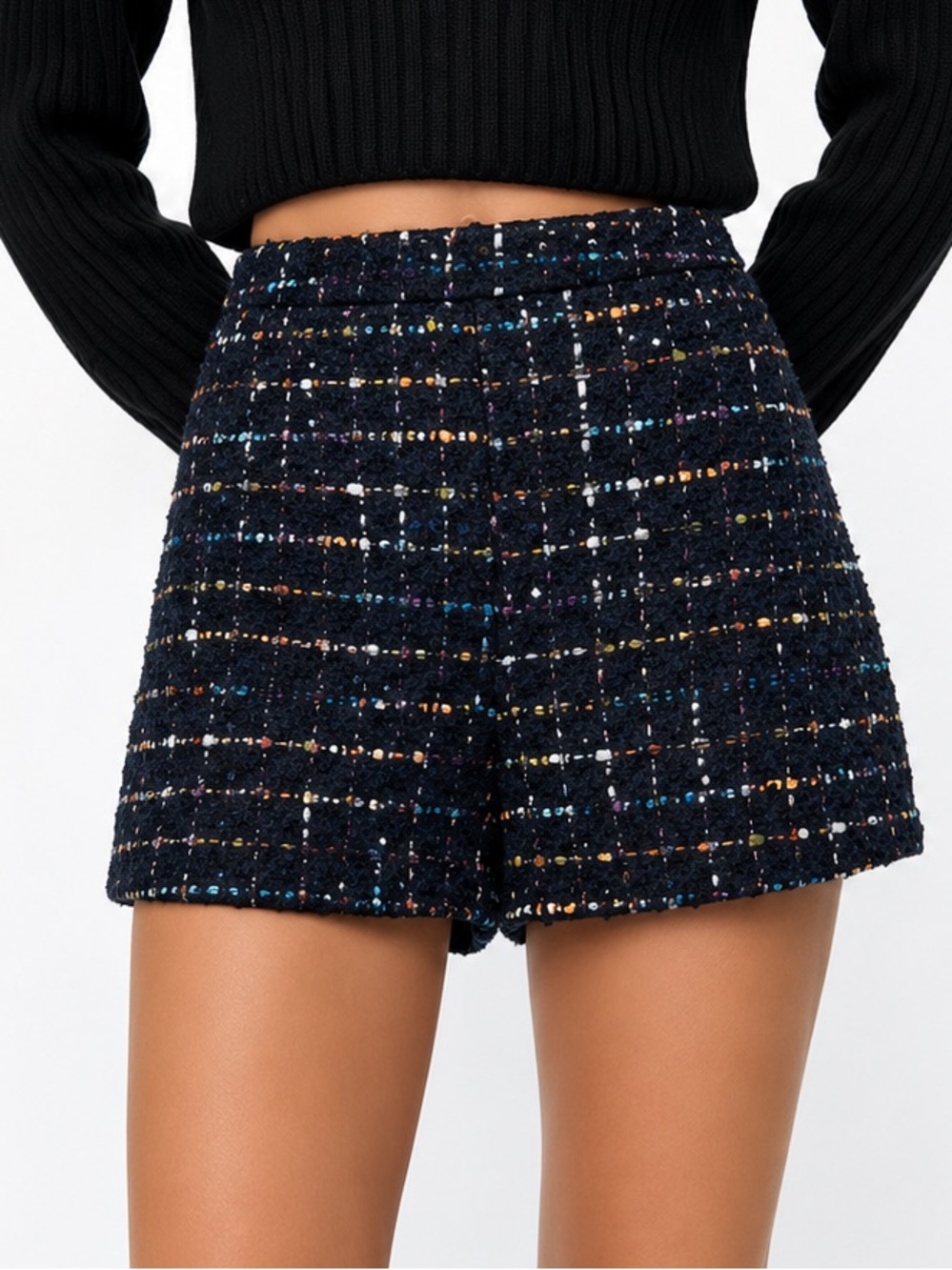 Zara Multicolor Tweed Shorts High Waisted Navy Blue Boucle Sequin Size M